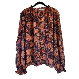 Ricki's Women's Blouse XXL Brown Orange Sheer Ruffle Neck Long Sleeve